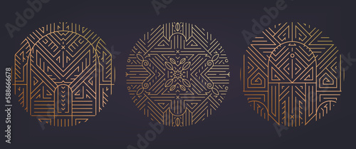 Vector set of art deco frames, adges, abstract geometric design templates for luxury products. Linear ornament compositions, vintage. Use for packaging, branding, decoration, etc. Golden circles.