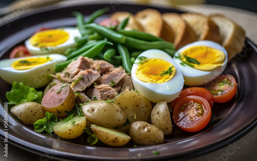 Balanced meal plate featuring boiled eggs, tender tuna chunks, fresh green beans, and seasoned baby potatoes.