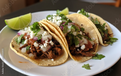 Soft tacos loaded with seasoned meat, diced onions, fresh cilantro, and crumbled cheese, accompanied by lime wedges on a plate.