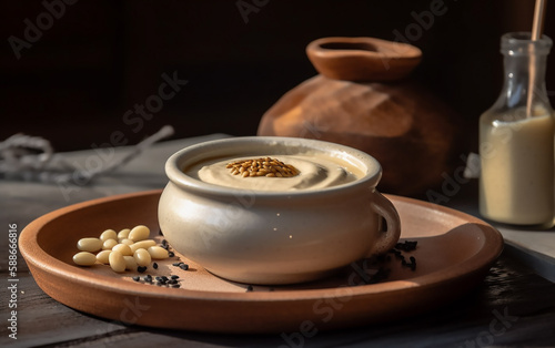 Traditional tahini served in a ceramic bowl, topped with a sprinkle of seasoning, surrounded by raw sesame seeds and a rustic milk jug.