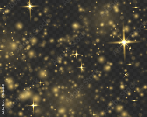 Fine, shiny dust bokeh particles fall off slightly. Blur sparks and golden stars shine with special light. Blurred lights isolated on transparent background. Christmas concept. Vector illustration.