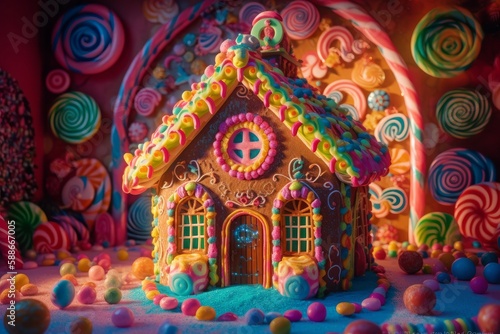 Illustration of a whimsical colourful gingerbread house surrounded by a vibrant candy landscape created with Generative AI technology © AI Visual Vault