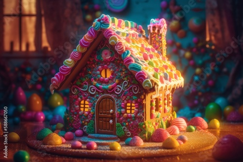 Illustration of a whimsical colourful gingerbread house surrounded by a vibrant candy landscape created with Generative AI technology © AI Visual Vault