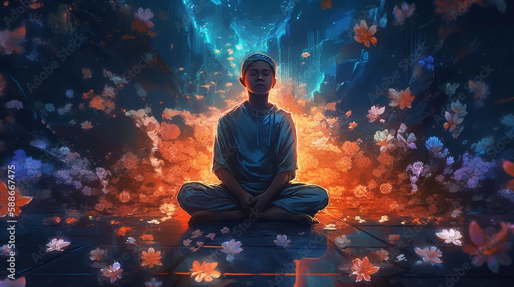 Meditating man in front of flowers Generative AI Meditating man in front of flowers Generative AI