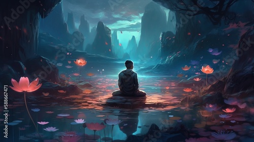 Meditating man in front of flowers Generative AI © Dzmitry