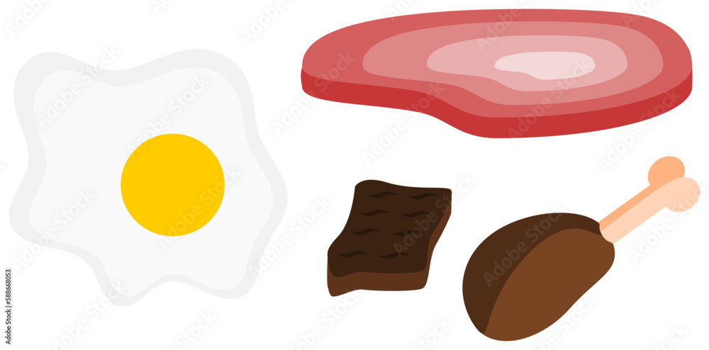 Food icons of ham, meat, chicken, and egg.