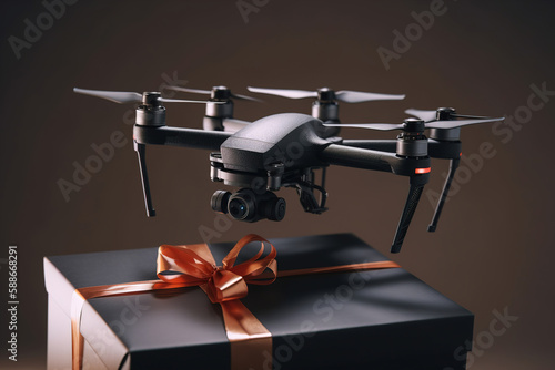 Flying drone delivery with packed ribboned box indoors, close-up. Modern gift delivery service for holiday, future shopping. Generative AI