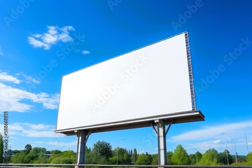 Big white blank billboard with blue sky background . ai generative