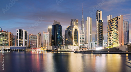 Photography Panoramic view of Dubai Creek and night city skyline, United Arab Emirates, nigh