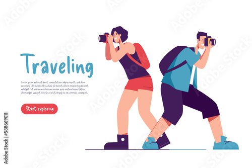 Vector illustration of a couple of tourists travelers with backpacks taking photo