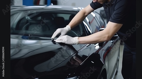 The master in the car service applies a protective armor film to the car body Generative AI