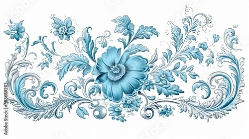 Vintage spring flower summer blue scroll Baroque Victorian frame border floral ornament leaf engraved Generative AI