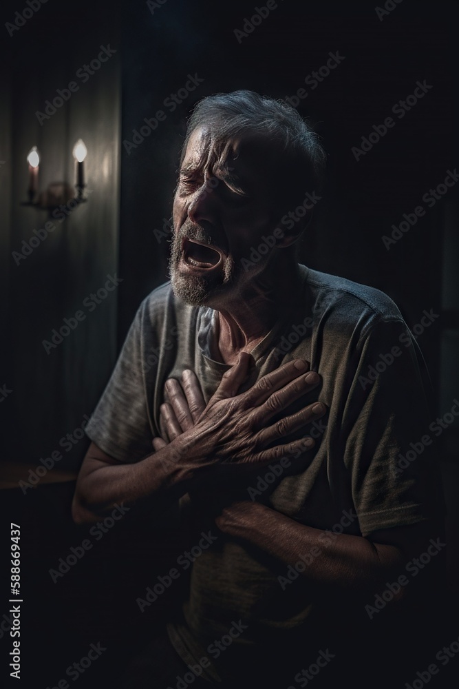 Elder man experiencing ischemic heart disease in dim lit room