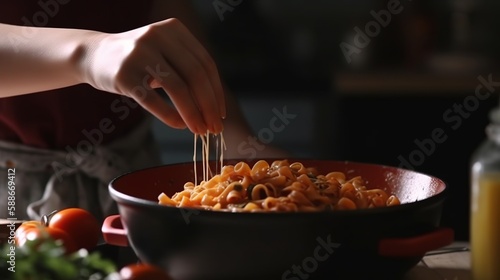 Woman cooking tasty pasta bolognese in kitchen, closeup Generative AI