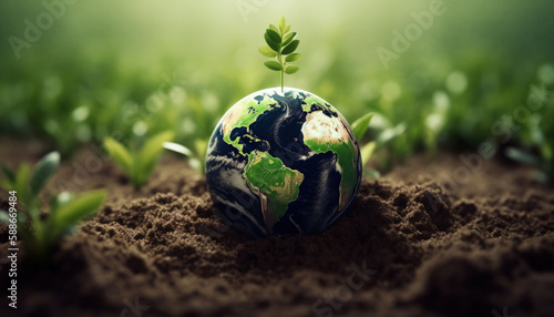 Fototapeta Naklejka Na Ścianę i Meble -  Green planet earth in the soil, surrounded by grass and vegetation