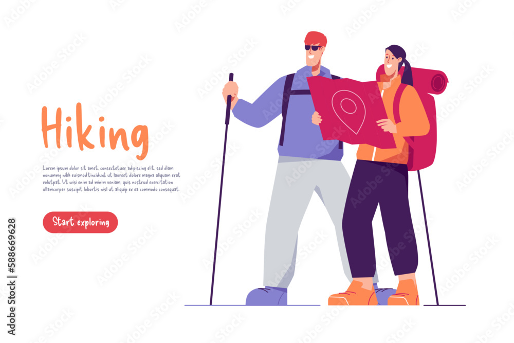 Vector illustration of standing couple of hikers travelers with backpacks looking at the map
