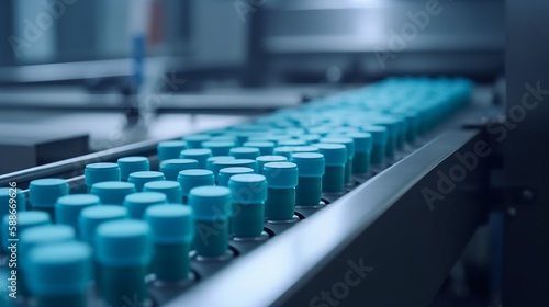 Blue Capsules are Moving on Conveyor at Modern Pharmaceutical Factory. Tablet and Capsule Manufacturing Process Generative AI