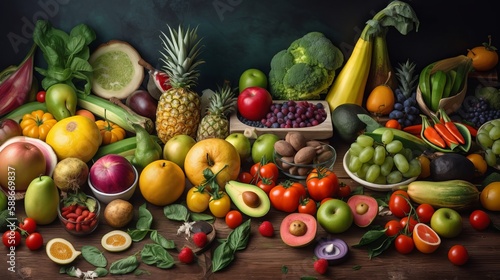Different colorful fruits and vegetables all over the table Generative AI