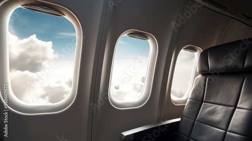 Explore the skies in comfort empty airline plane seats with clouds outside the windows Generative AI