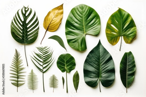 Tropical green leaves isolated on a white background. Generative AI Illustration