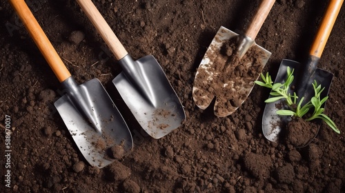 Gardening tools on fertile soil texture background seen from above, top view. Gardening or planting concept. Working in the spring garden Generative AI