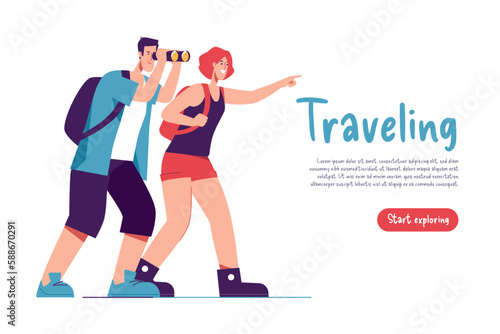 Vector illustration of a couple of tourists travelers with backpacks looking far away