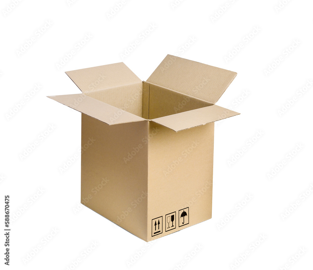 Open cardboard box isolated on white background. Open kraft box mockup