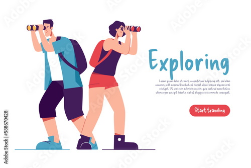 Vector illustration of a couple of tourists travelers with backpack looking through binocular