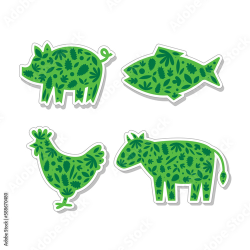Plant-based meat and protein stickers. Green silhouette of animals (pig, cow, chicken, fish) with leaves inside. Vegan and vegetable diet symbols. Sustainable climate cruelty free eating.