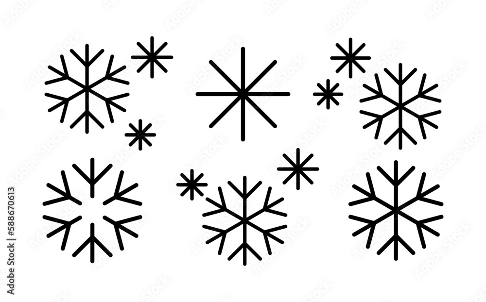 Snowflake doodle winter set of black isolated icon silhouette on white background vector illustration.