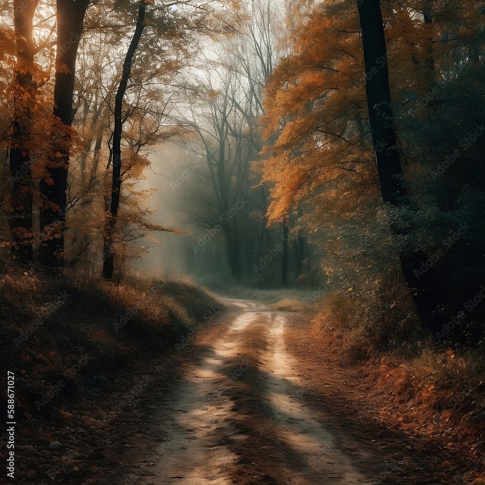 Autumn road forest.Created With Generative AI technology.
