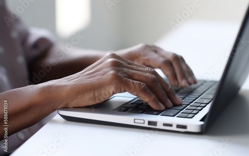 Black senior older hands using laptop. Generative AI