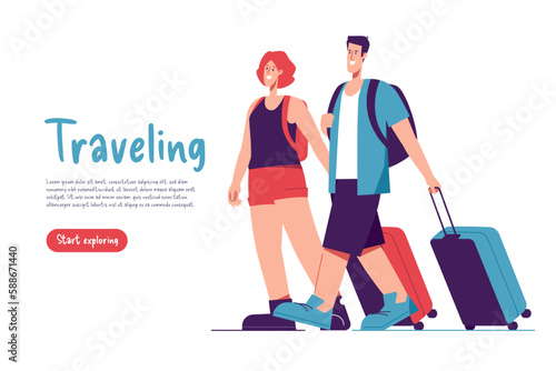Vector illustration of walking couple of tourists travelers with backpacks and suitcases