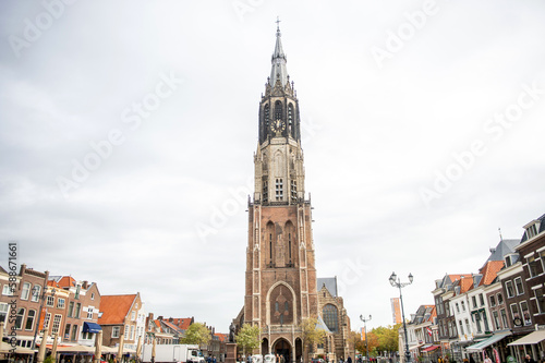 The Netherlands, Delft, October 2022 New church on the market square. The highest landmark in Delft