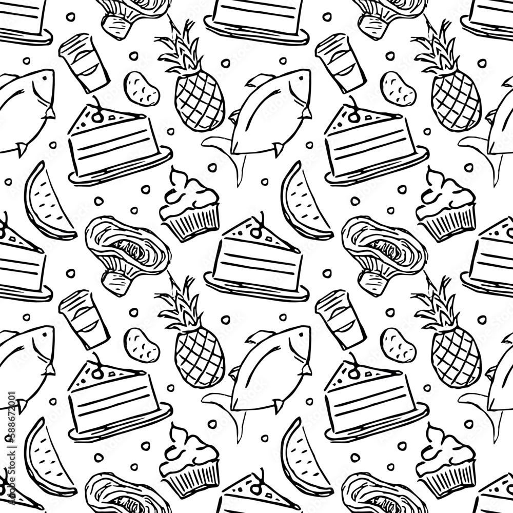 Seamless food pattern. Doodle vector food illustration. Hand-drawn food background Seamless food pattern. Doodle vector food illustration. Hand-drawn food background