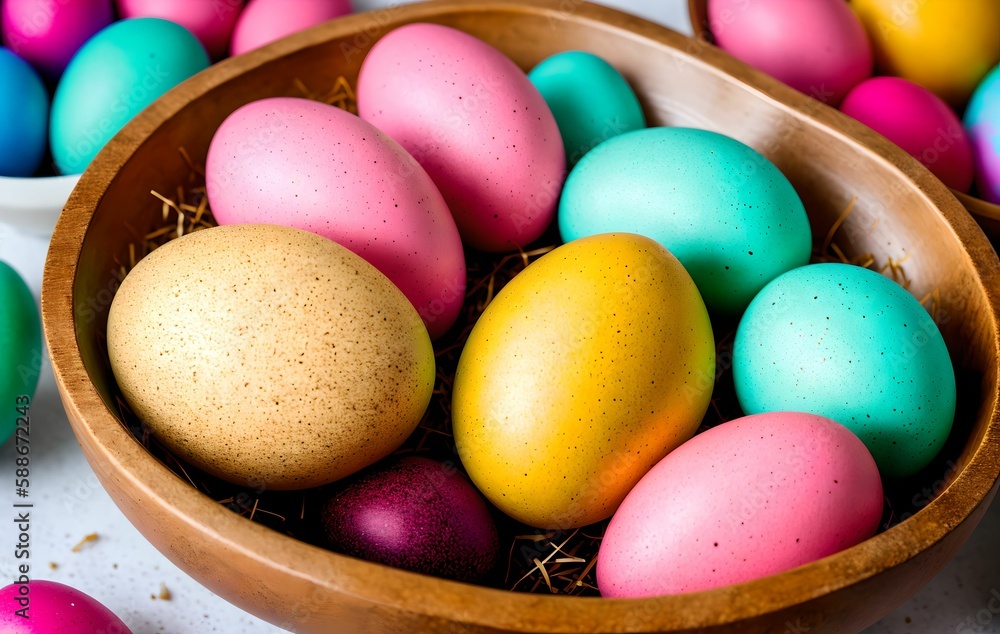 colorful eggs in basket, generated with AI