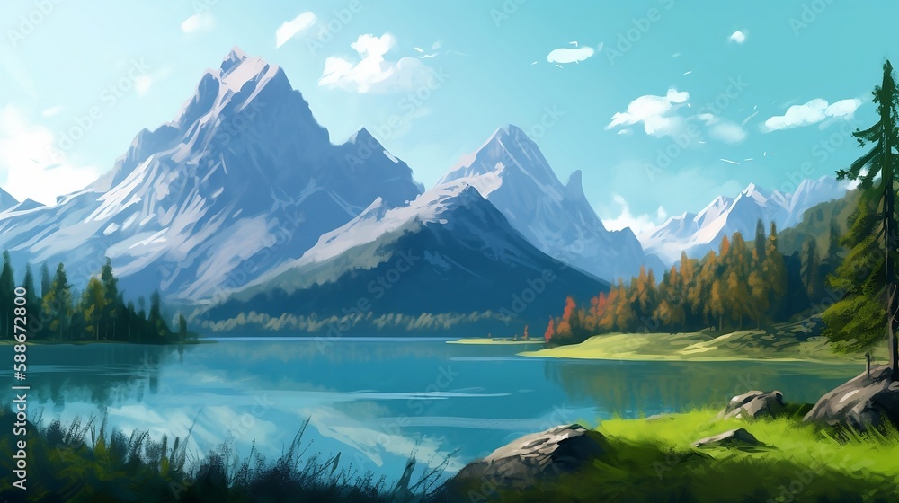 A painting of mountains with a lake.