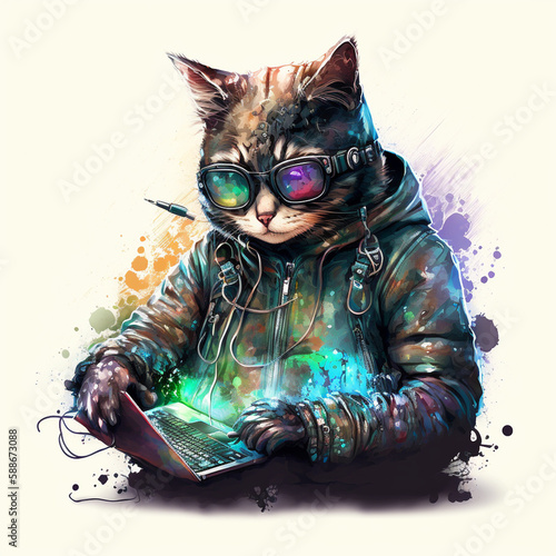 Cat hacker or program developer with laptop watercolor illustration. Funny pet character in goggles palying computer game or explore virtual reality. Modern futuristic cool domestic animal coder