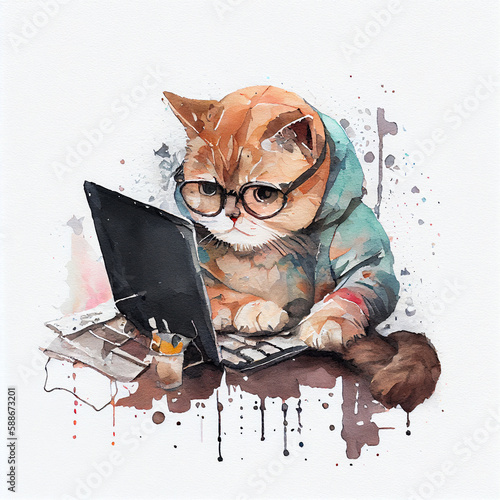 Watercolor painting of kawaii cat wearing hoodie and goggles, working as software developer or hacker, lost in virtual reality world using a laptop for gaming exploration, tech gadgets or video games
