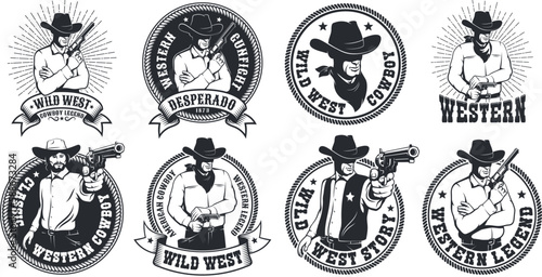 Vintage cowboy logos, or badges, features Wild West-inspired designs with classic Western elements. Cowboy lifestyle emblems. Vector illustration