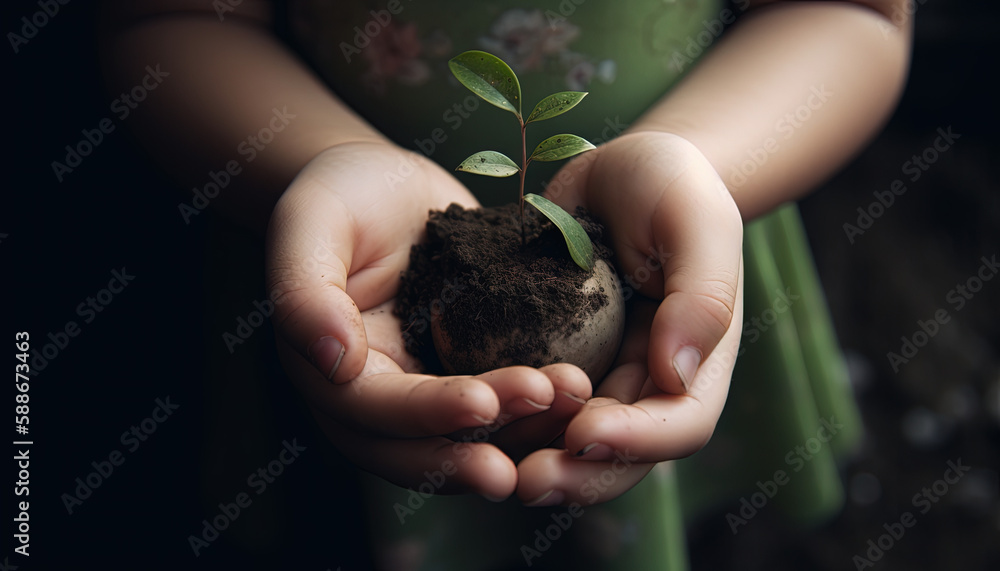 Girl holding a plant on her hand with the soil