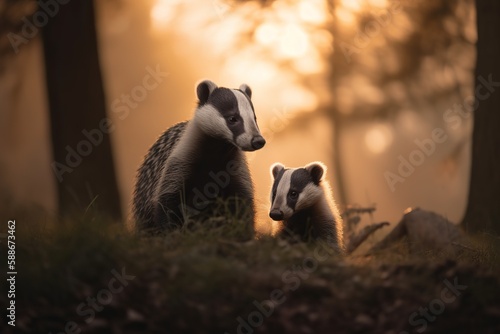 Female European Badger and her baby cub walking through the woodland