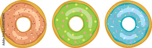 Set of three sweet donuts with different colorful glazes. Cartoon style tasty vector illustration	