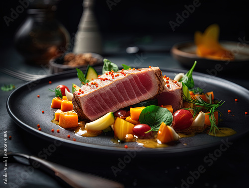 Dieting food concept. Wild-caught tuna with sweet potato
