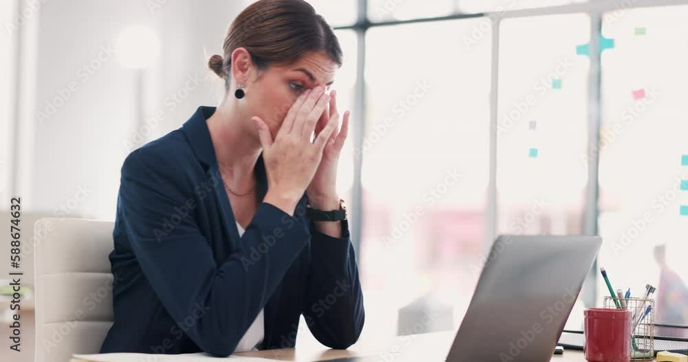 Stress, laptop and business woman in office with problem, mistake and glitch or error on computer at desk. Burnout, corporate and female worker with headache, frustrated and depression in workplace