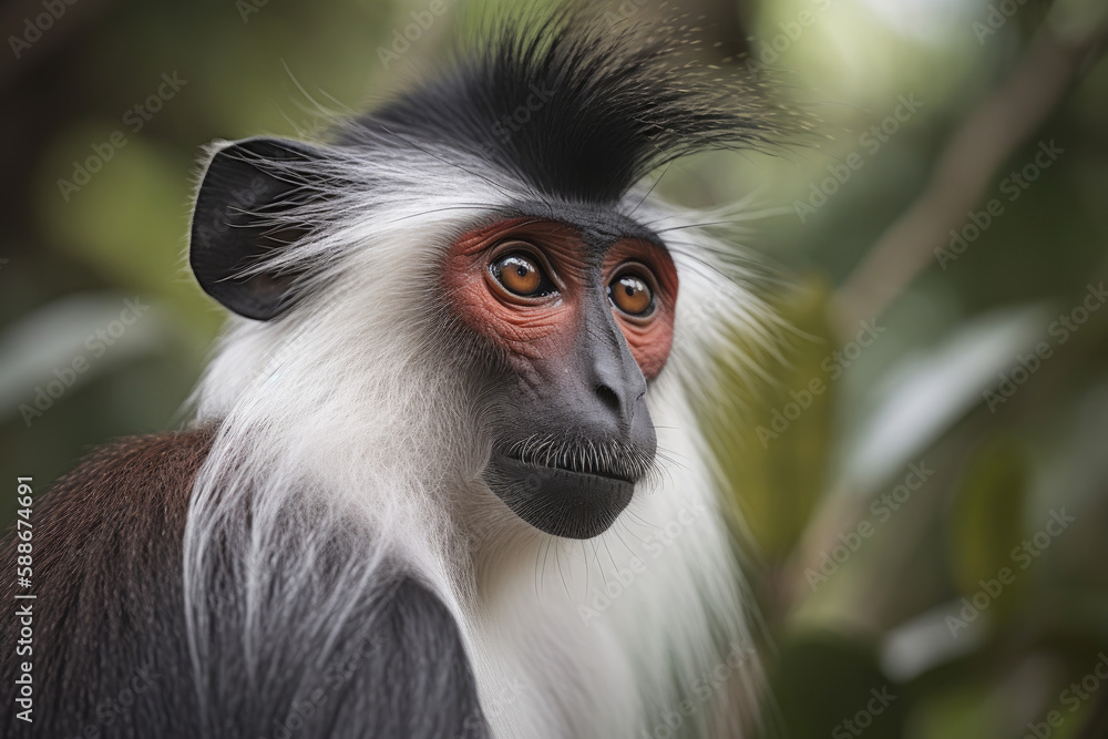 Fototapeta premium Portrait of Abyssinian Black-and-White Colobus Monkey, beautiful African primate.