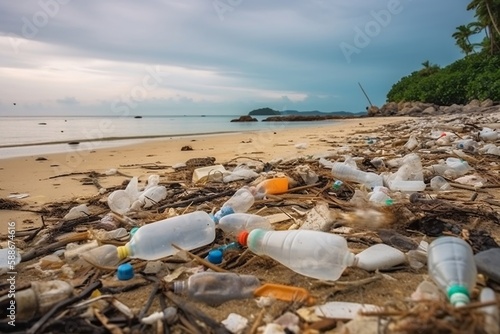 plastic bottles and other garbage on a beach in an tropical area