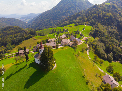 Aerial view of the church sv. Tomaz, Slovenia.