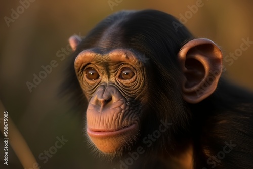 Portrait of a young baby chimpanzee with a warm sunset woodland setting. © MD Media