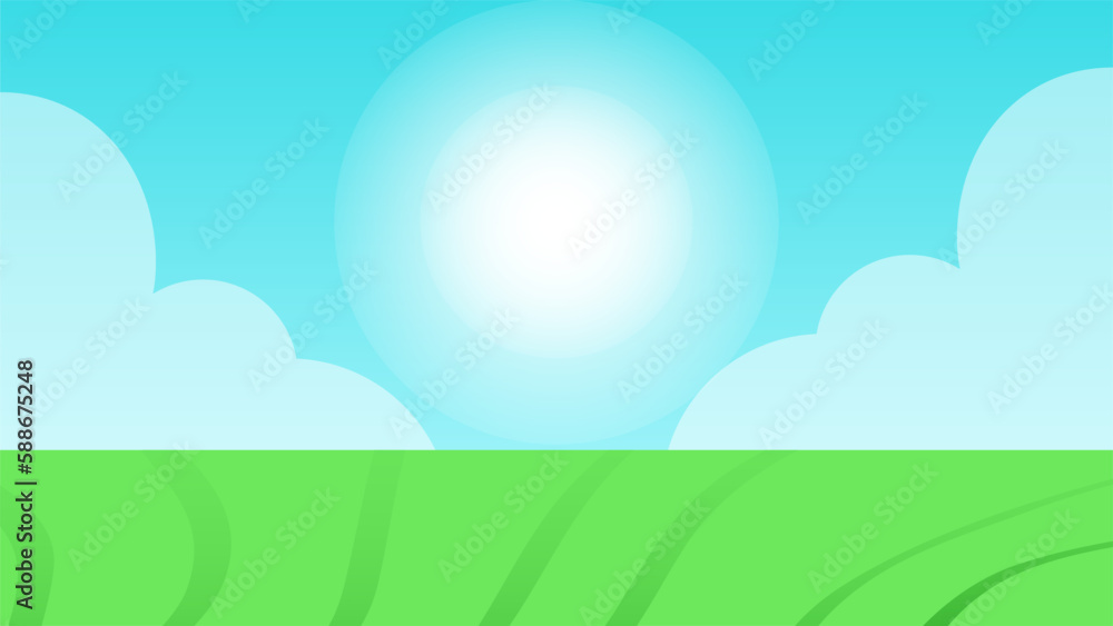 Green Land Grass Blue Sky and Cloud Soft White Sunshine Bright Day Environment Background BG